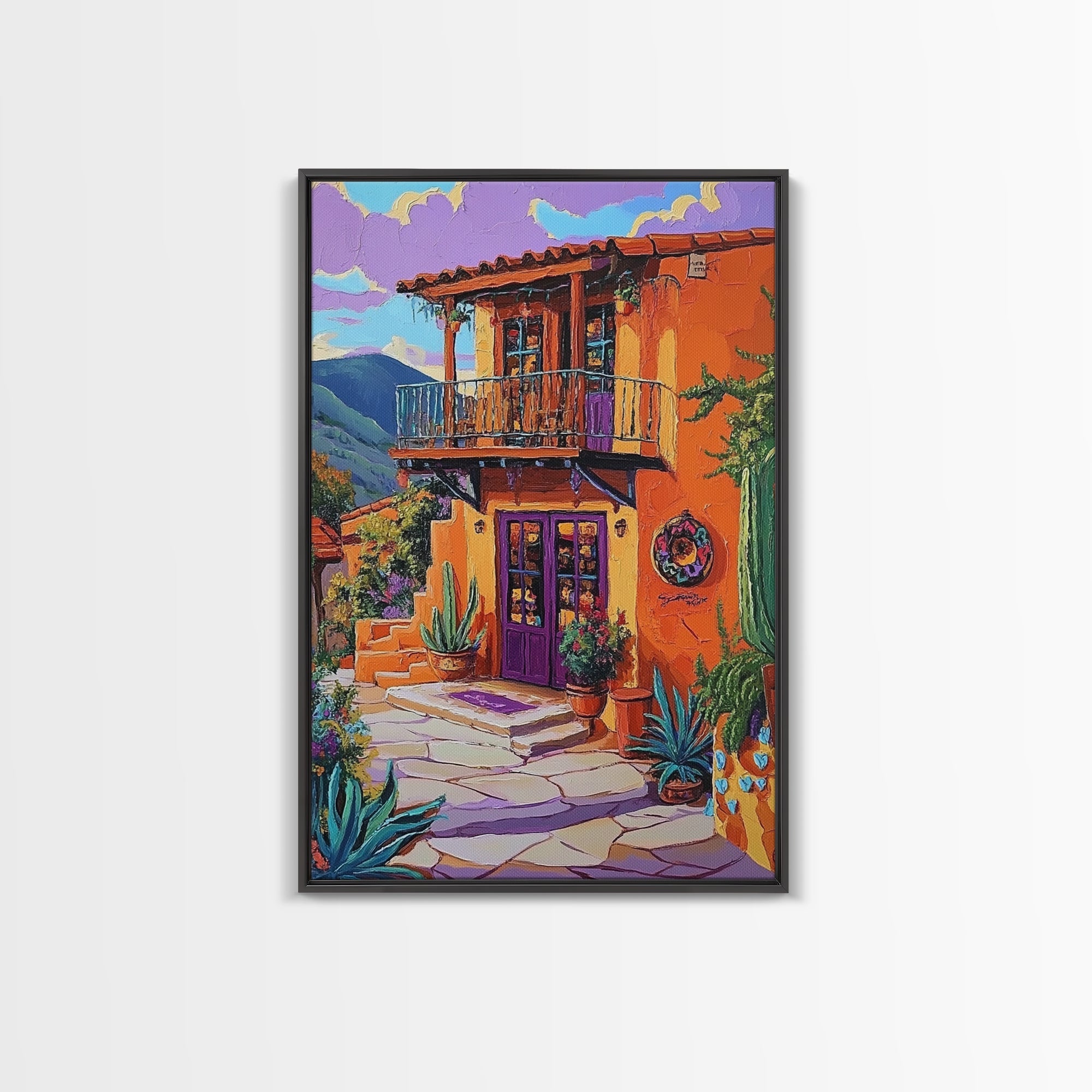Southwest Home, Colorful, Balcony, Canvas Print vibrant Mexican house wall art, festive living room decor, textured boho painting