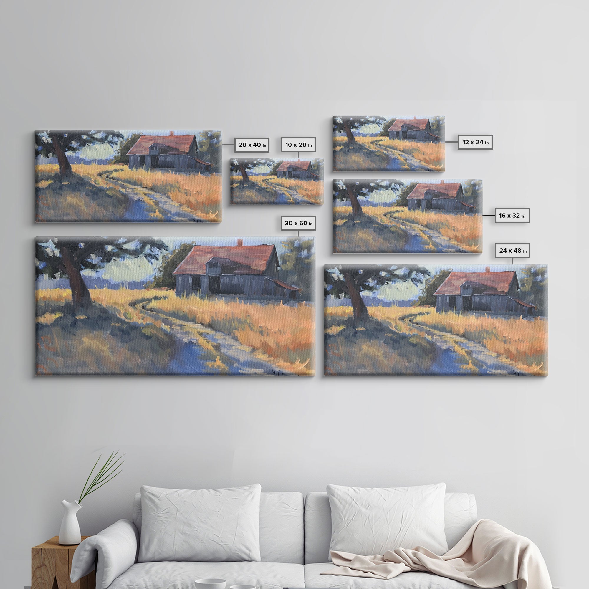 Quaint House on Country Road, Framed Canvas Print, Perfect for Living Room Art, Rustic Home Decor, Serene Bedroom Wall Art