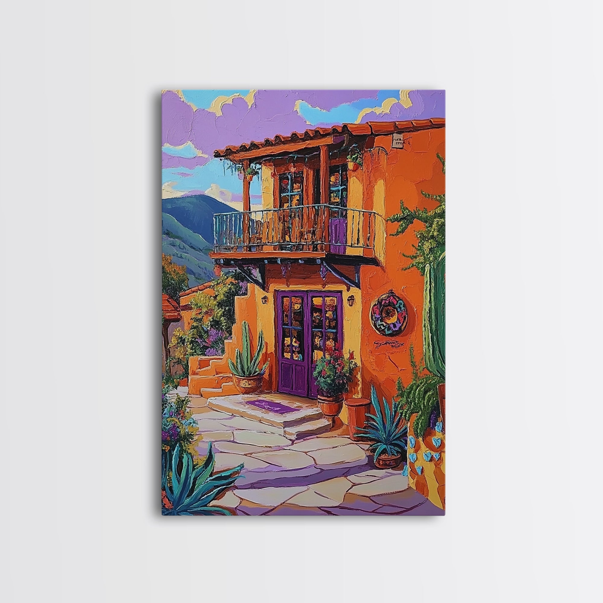 Southwest Home, Colorful, Balcony, Canvas Print vibrant Mexican house wall art, festive living room decor, textured boho painting