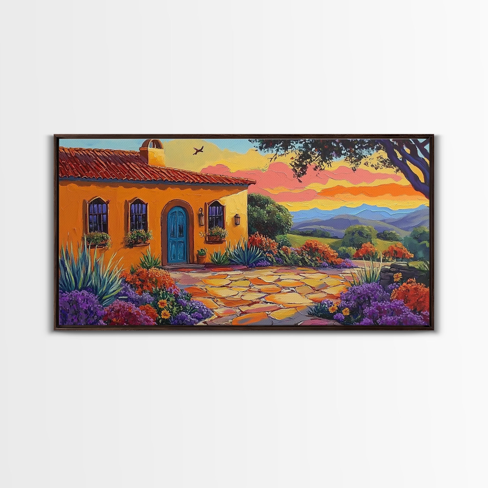 House Sunset, Garden, Southwest, Framed Canvas Print warm adobe home wall art, colorful southwestern sunset print, cozy kitchen decor