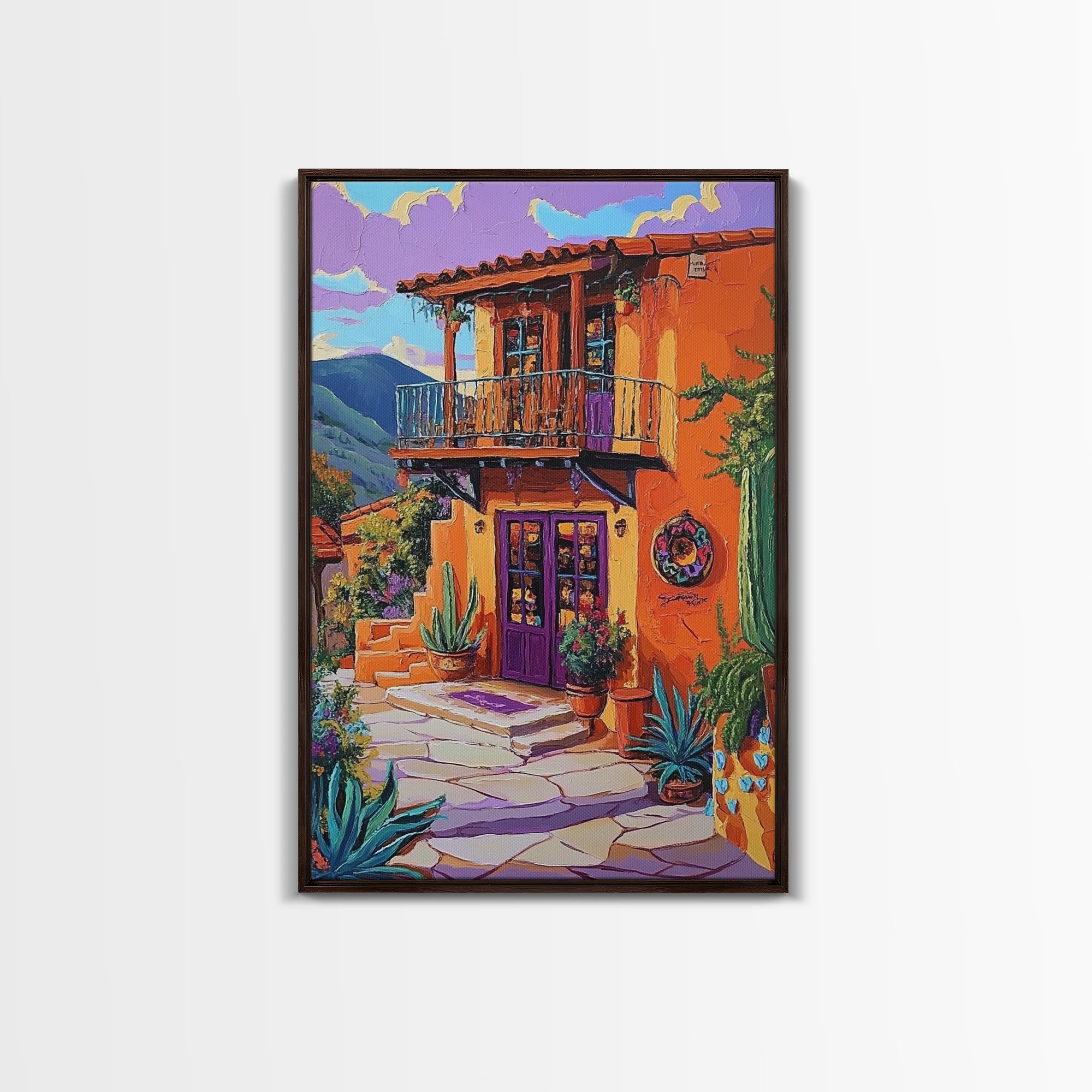 Southwest Home, Colorful, Balcony, Canvas Print vibrant Mexican house wall art, festive living room decor, textured boho painting
