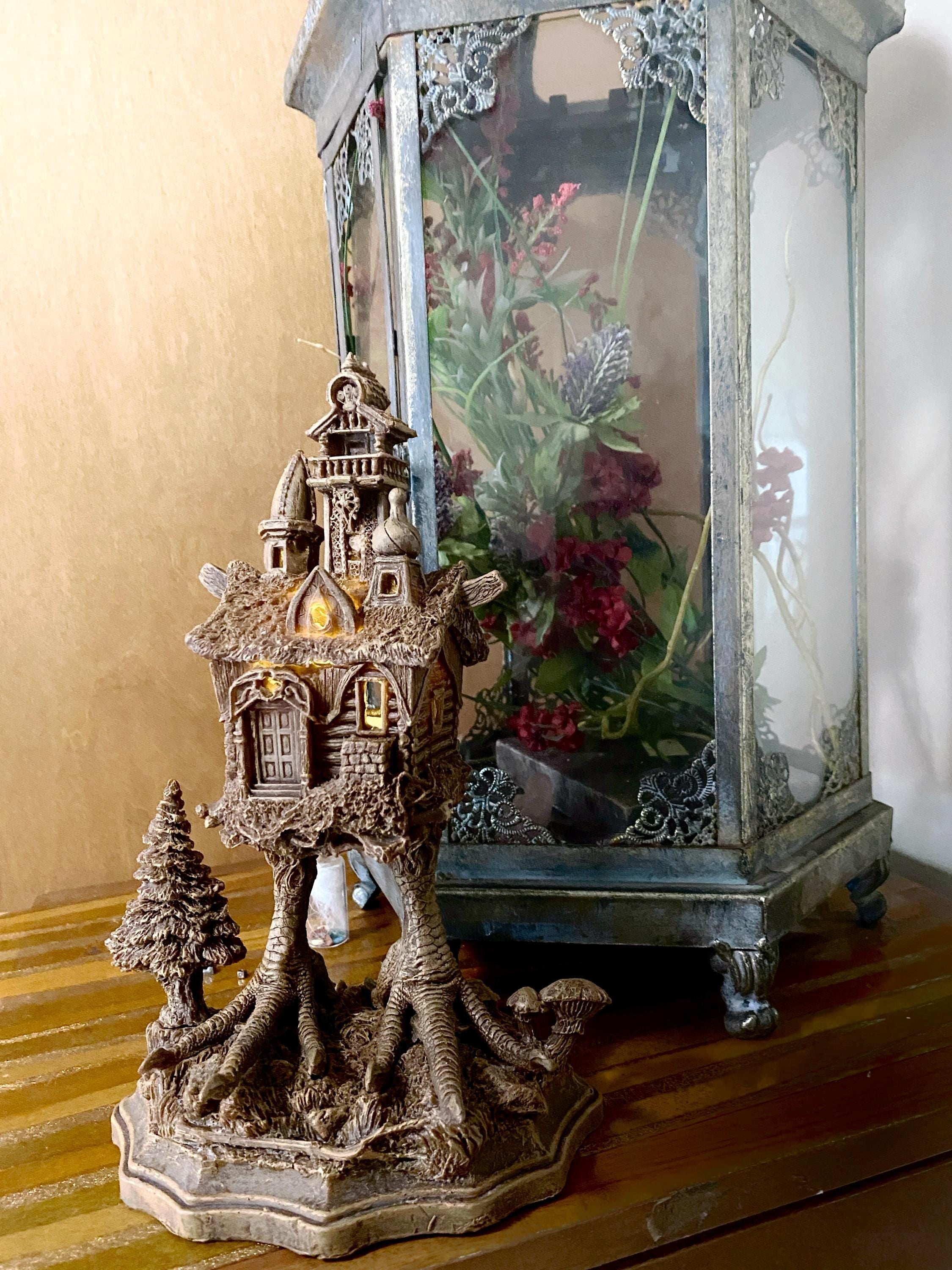 Baba Yaga Hut with Base and LED Tea Light Sculpture | Russian Folklore Figurine | Witch House Statue | Fantasy Art for Gothic Home Decor