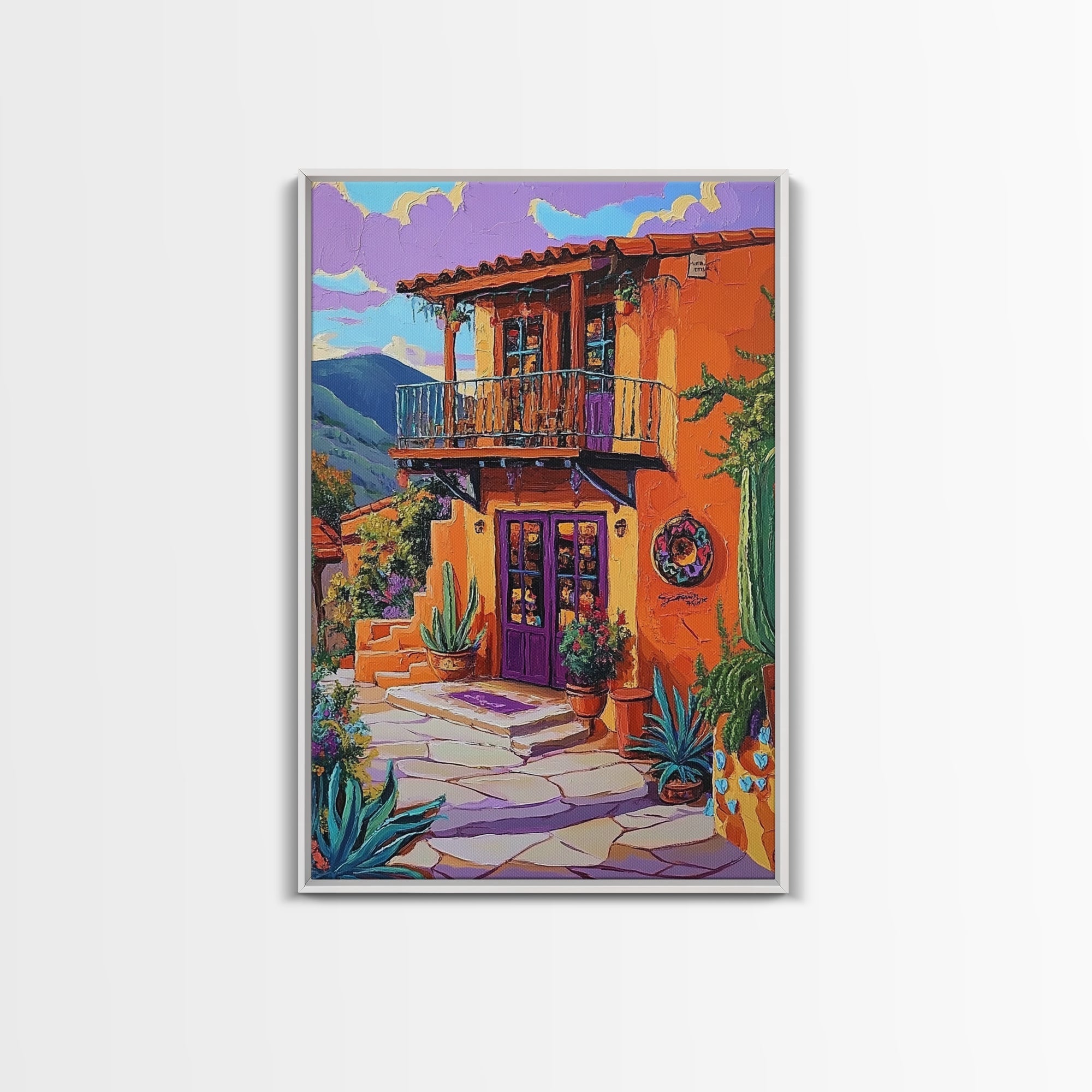 Southwest Home, Colorful, Balcony, Canvas Print vibrant Mexican house wall art, festive living room decor, textured boho painting