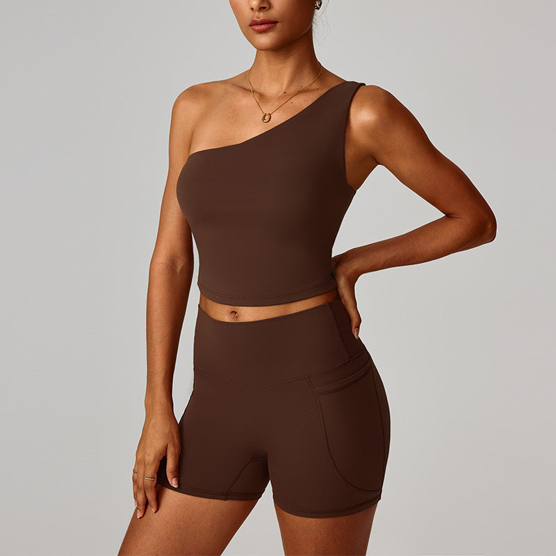 Womens Cloud-Feel Slanted One-Shoulder Cinched-Yoke Yoga Tank Top