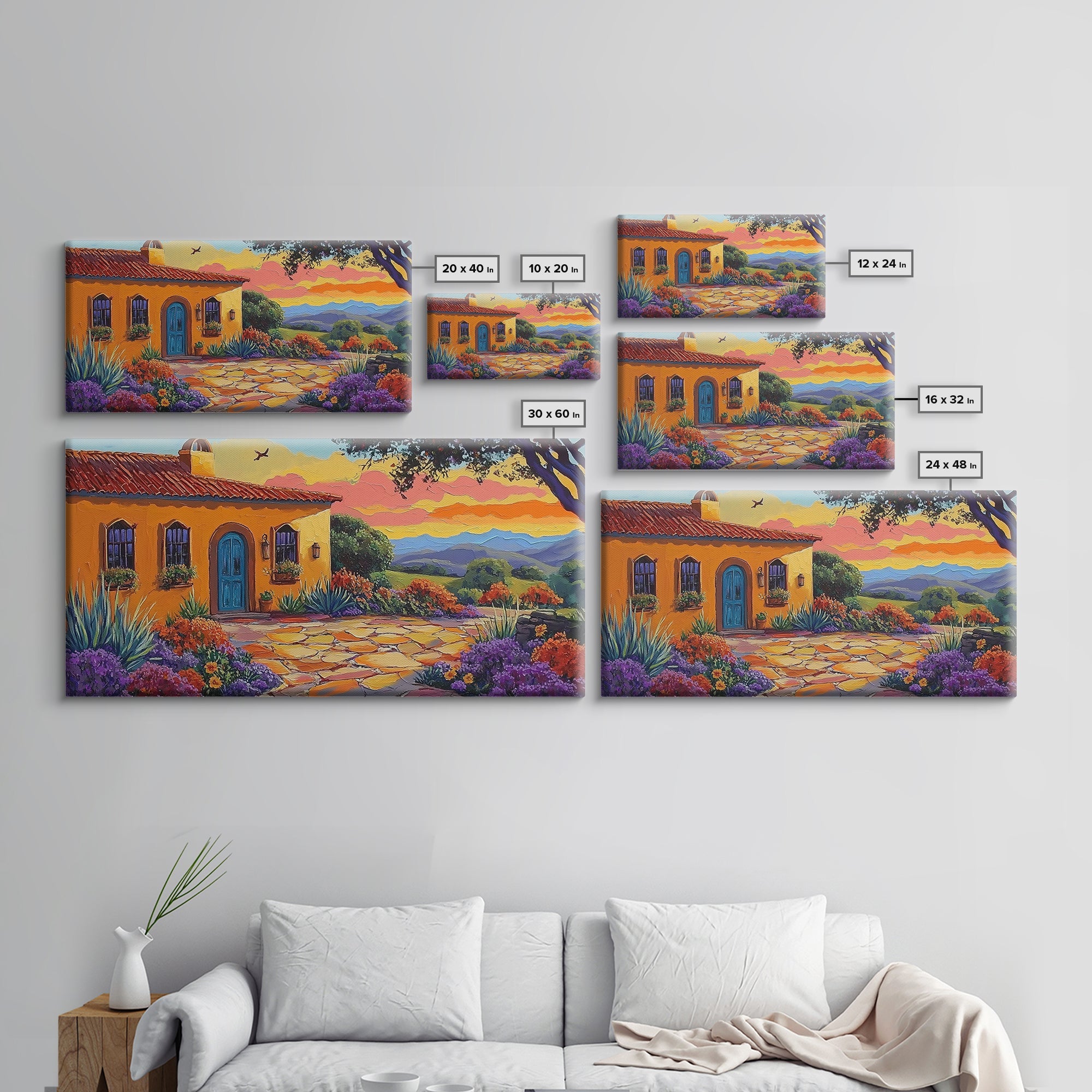 House Sunset, Garden, Southwest, Framed Canvas Print warm adobe home wall art, colorful southwestern sunset print, cozy kitchen decor