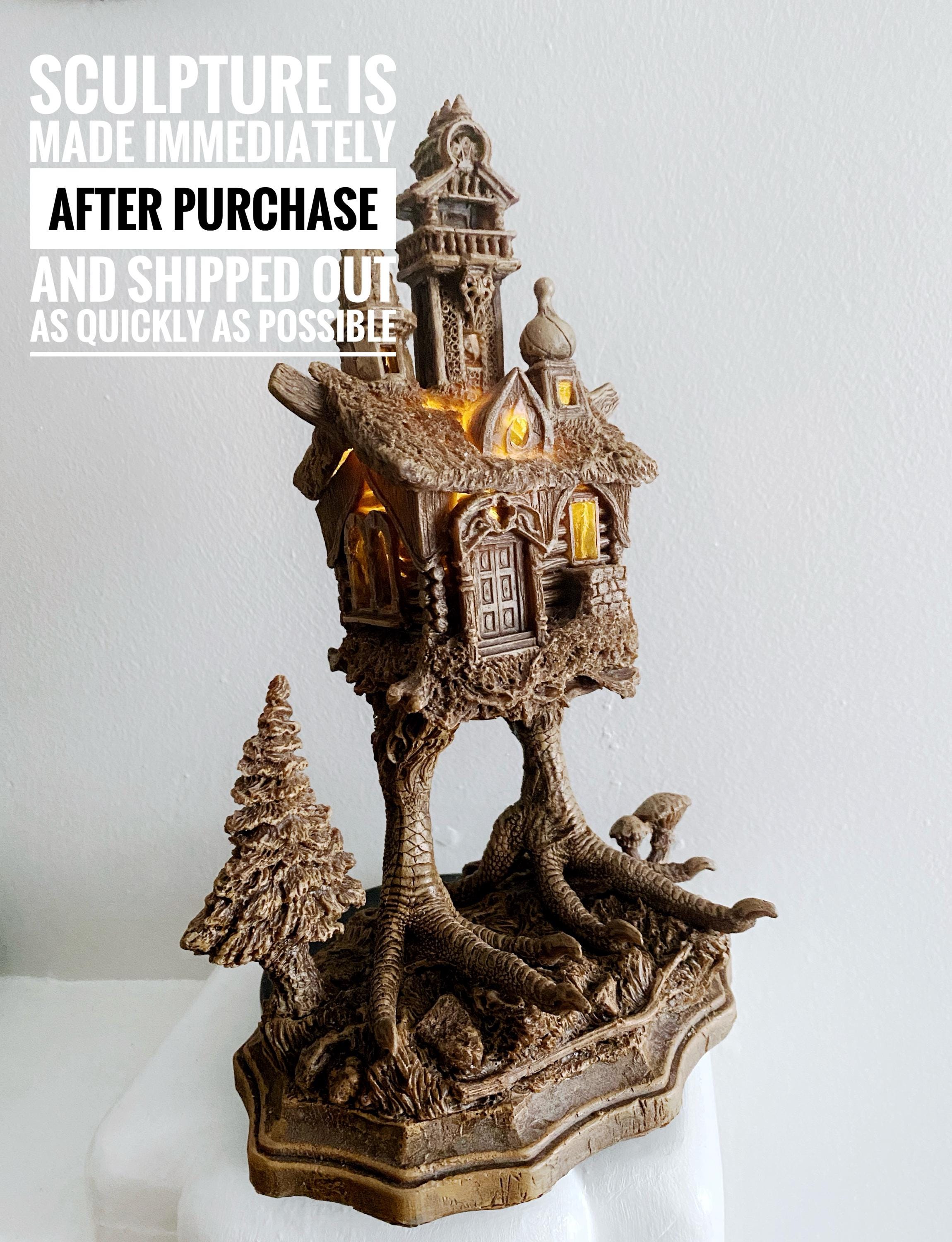 Baba Yaga Hut with Base and LED Tea Light Sculpture | Russian Folklore Figurine | Witch House Statue | Fantasy Art for Gothic Home Decor