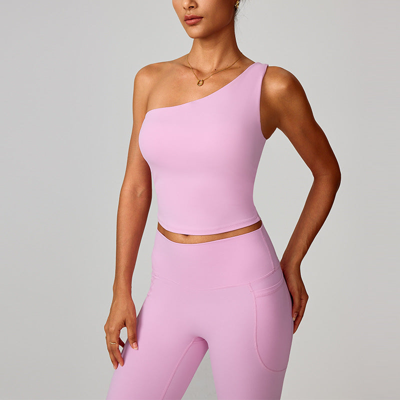 Womens Cloud-Feel Slanted One-Shoulder Cinched-Yoke Yoga Tank Top