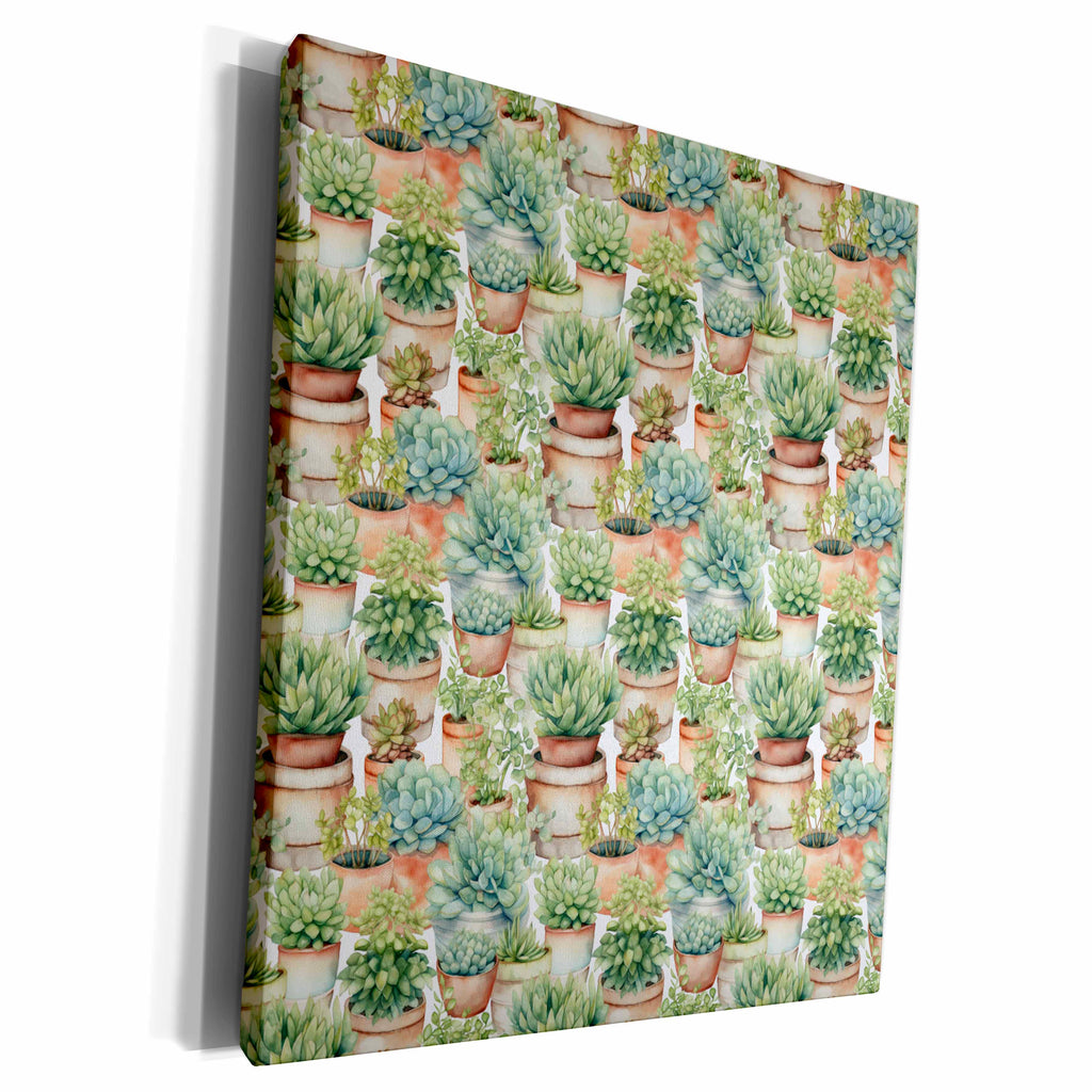3dRose Pretty Terra Cotta Potted Catus Pattern - Museum Grade Canvas Wrap (cw-381658)