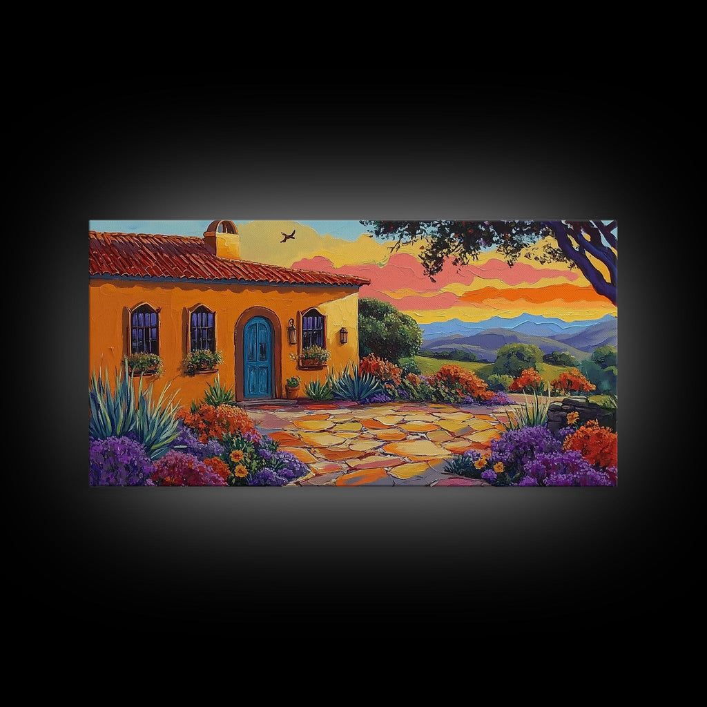 House Sunset, Garden, Southwest, Framed Canvas Print warm adobe home wall art, colorful southwestern sunset print, cozy kitchen decor