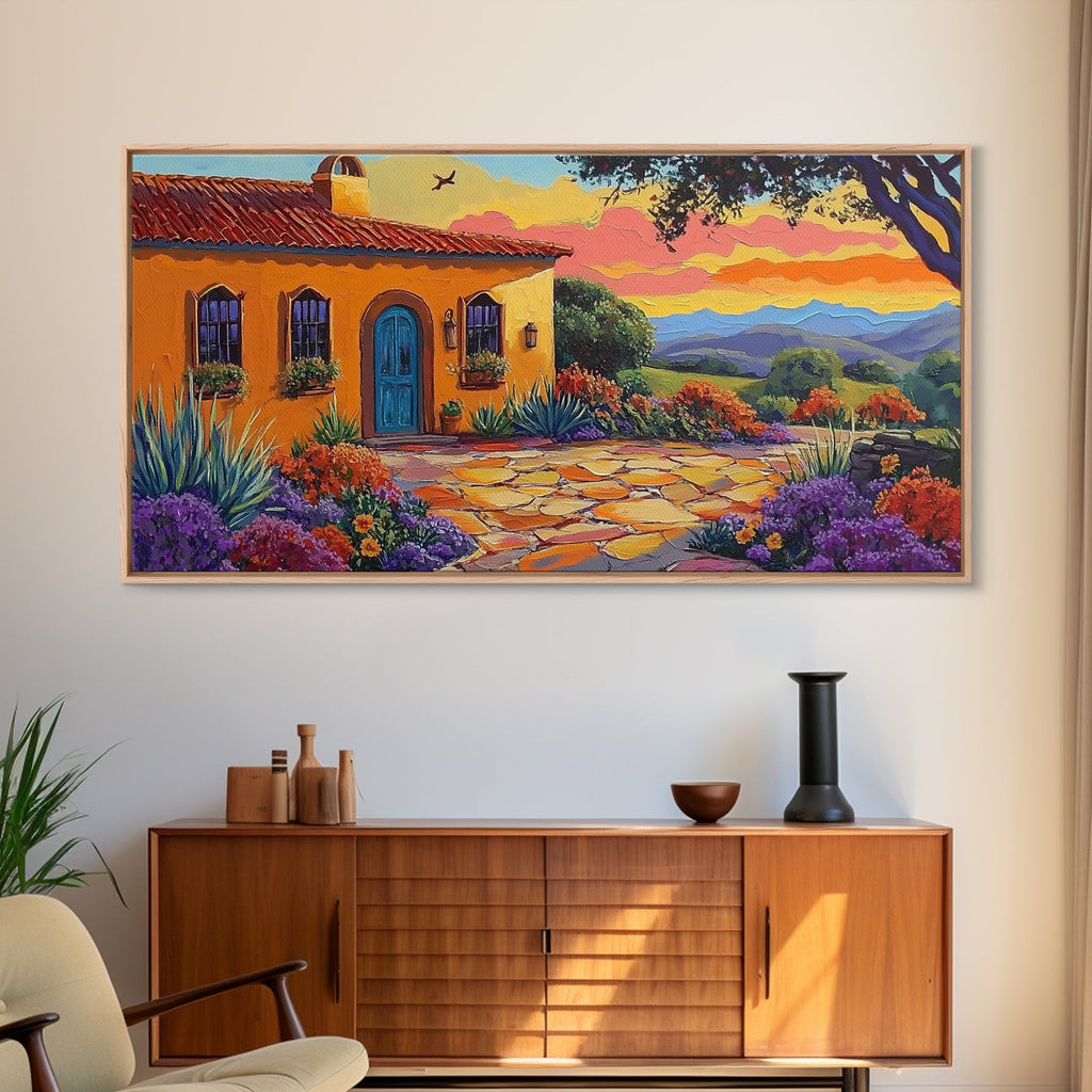 House Sunset, Garden, Southwest, Framed Canvas Print warm adobe home wall art, colorful southwestern sunset print, cozy kitchen decor