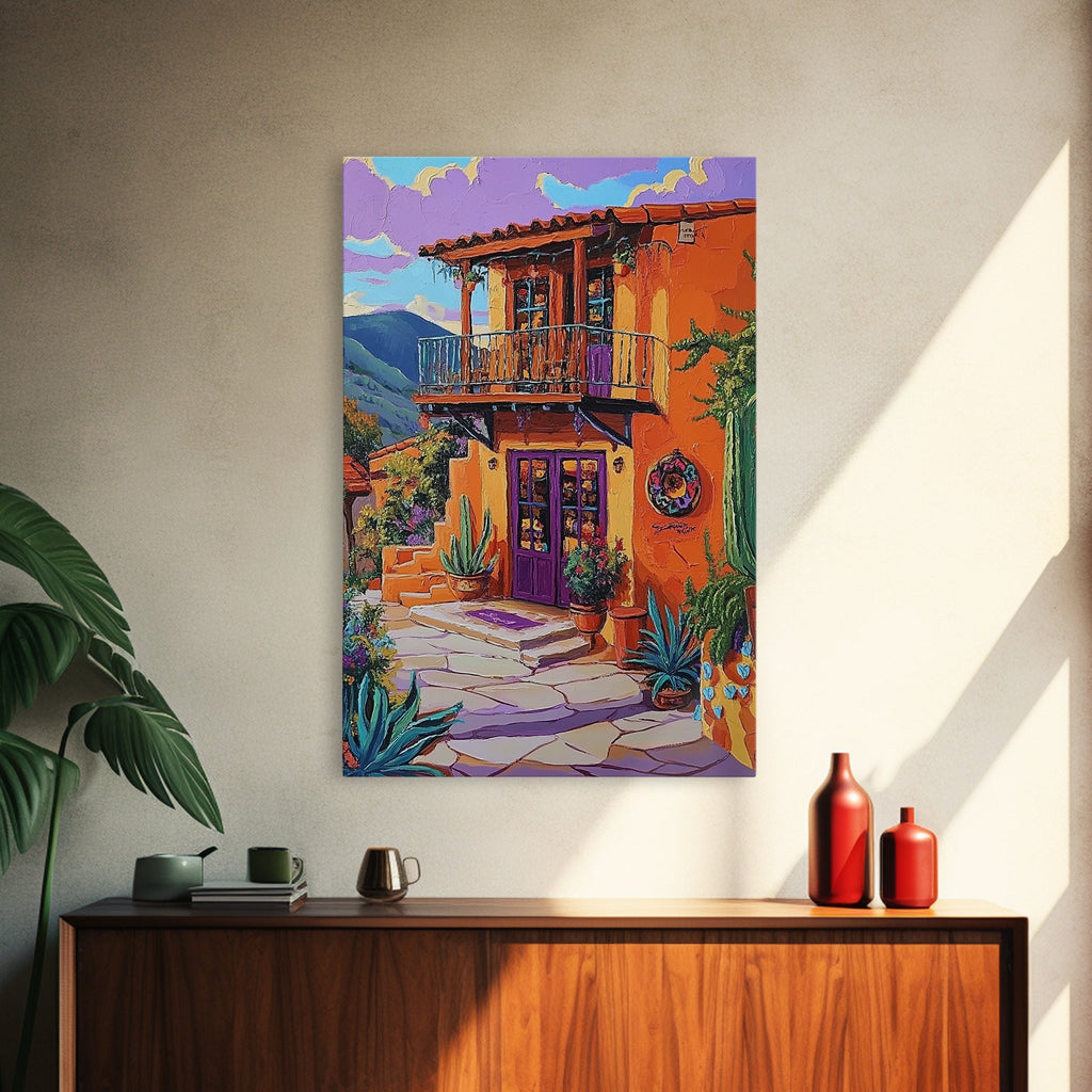 Southwest Home, Colorful, Balcony, Canvas Print vibrant Mexican house wall art, festive living room decor, textured boho painting
