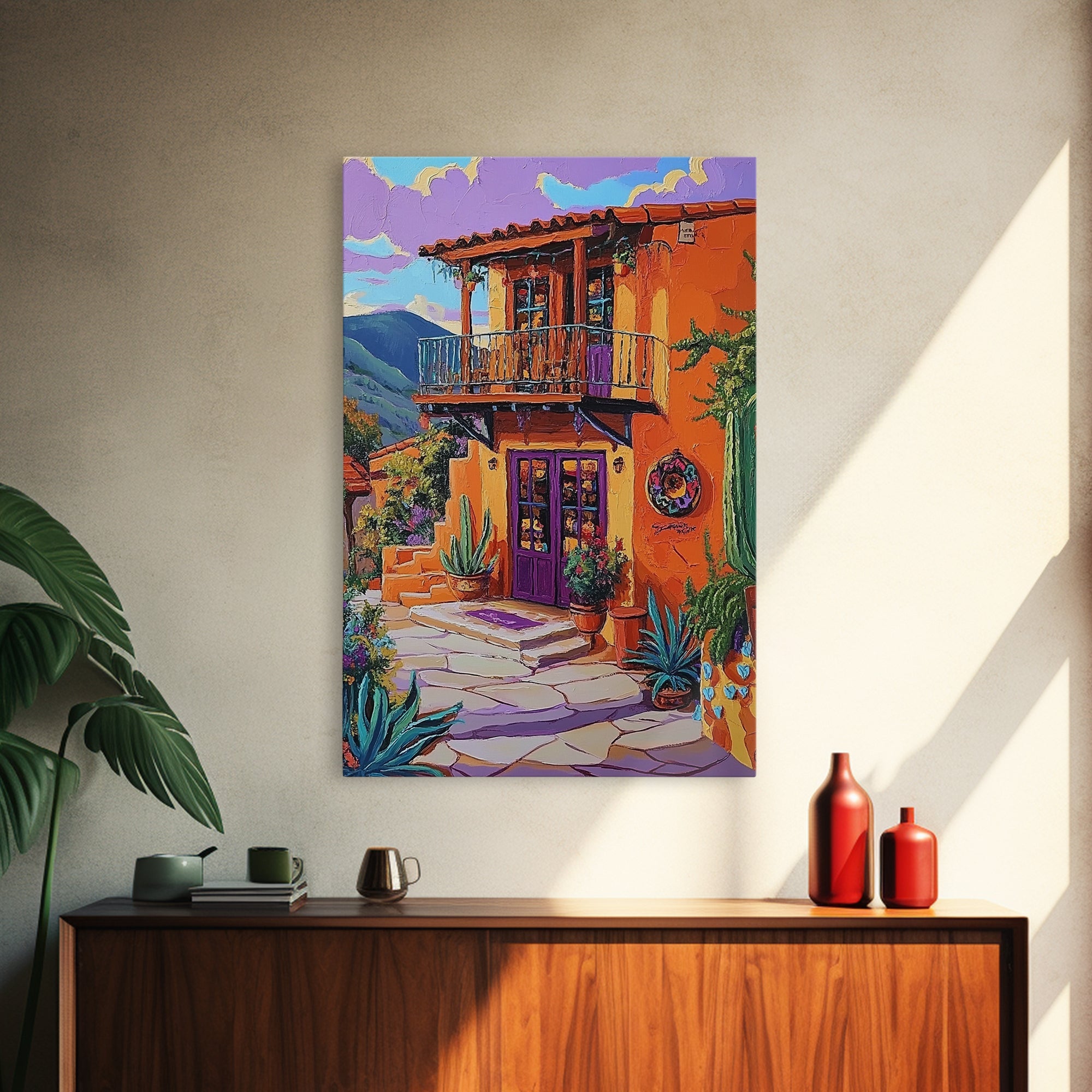 Southwest Home, Colorful, Balcony, Canvas Print vibrant Mexican house wall art, festive living room decor, textured boho painting