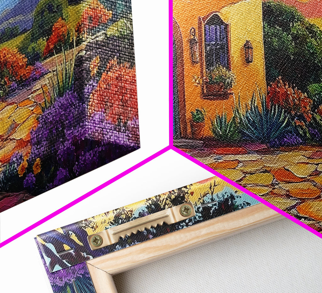 House Sunset, Garden, Southwest, Framed Canvas Print warm adobe home wall art, colorful southwestern sunset print, cozy kitchen decor