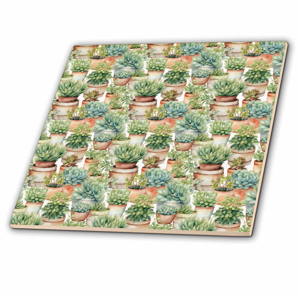 3dRose Pretty Terra Cotta Potted Catus Pattern - Tiles (ct-381658)