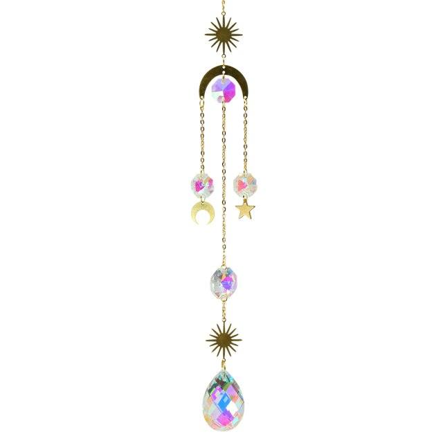 Metallic Hoop Moon Sun Catcher Hanging Crystal Pendant Chandelier Lamps Light Crystals Glass Pendants Light Rainbow Maker Wind Chime Hanging Drop Gift of Good Luck Garden Decor Hanging Ornament For Home Decoration