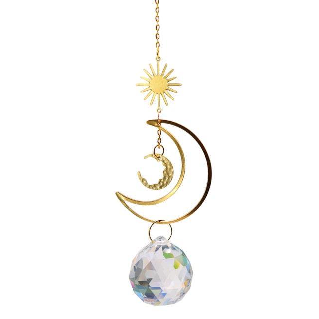 Metallic Hoop Moon Sun Catcher Hanging Crystal Pendant Chandelier Lamps Light Crystals Glass Pendants Light Rainbow Maker Wind Chime Hanging Drop Gift of Good Luck Garden Decor Hanging Ornament For Home Decoration